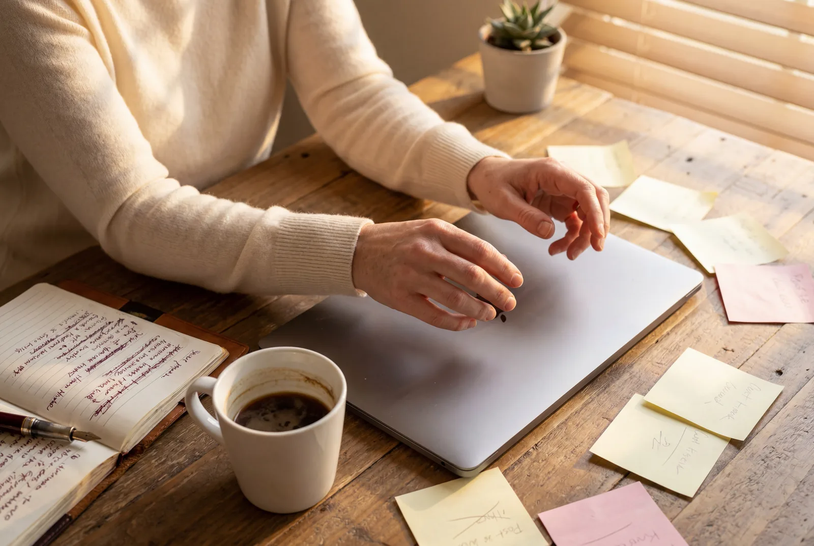 Mains hésitant au-dessus d'un laptop fermé, post-its éparpillés et café froid