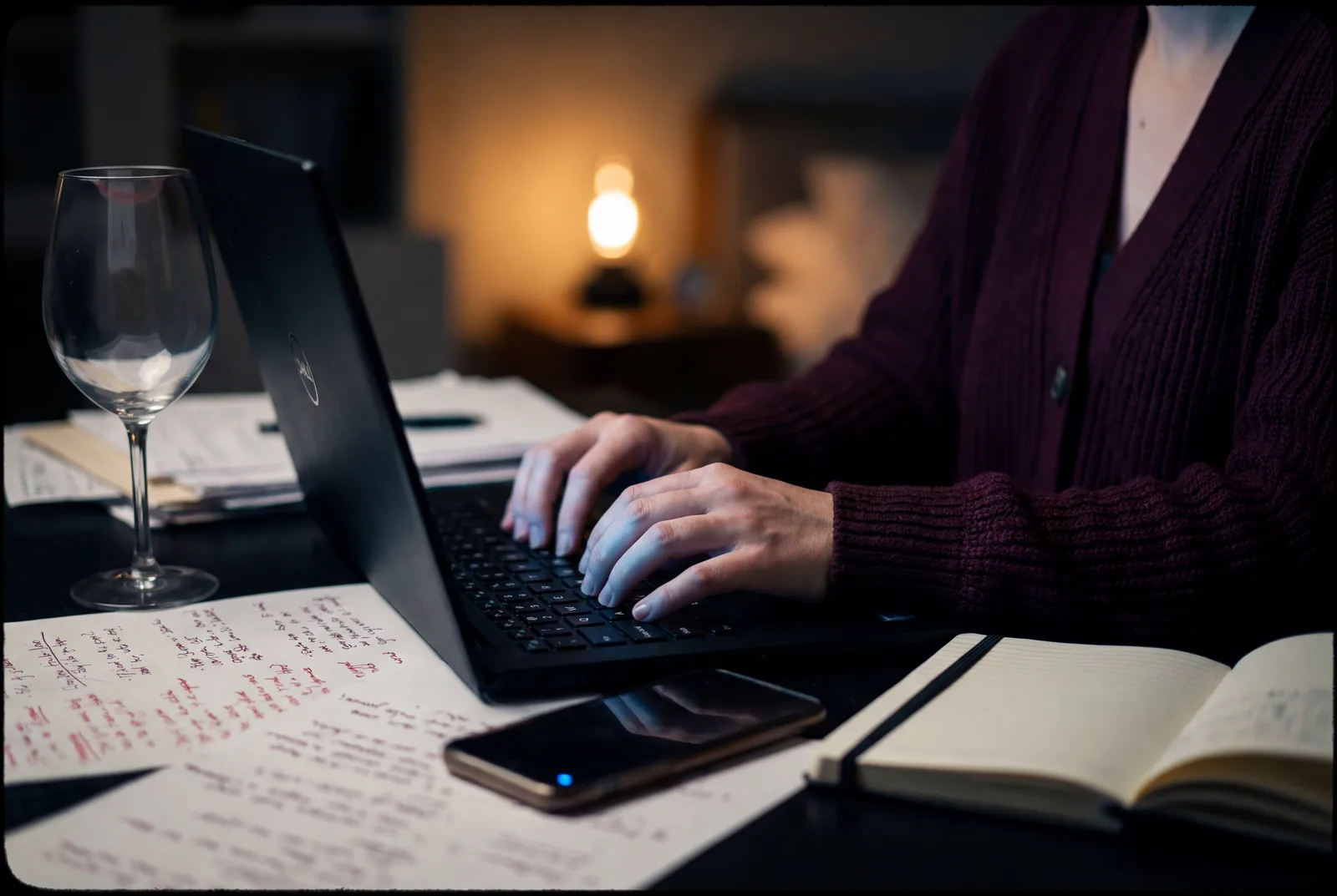 Mains tapant sur un laptop la nuit, verre de vin vide et papiers annotés en rouge